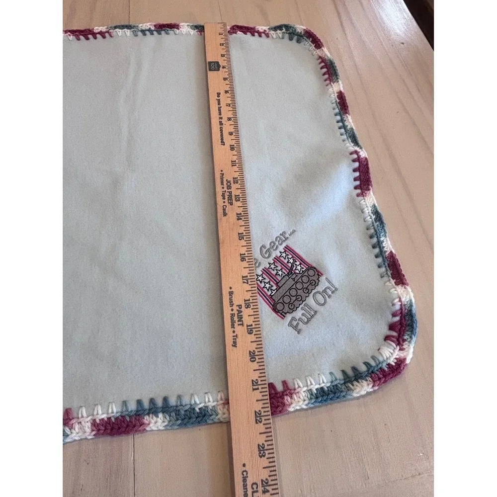 Handmade‎ Light Blue Fleece Baby Blanket Embroidered Tank One Gear Full On 24x24